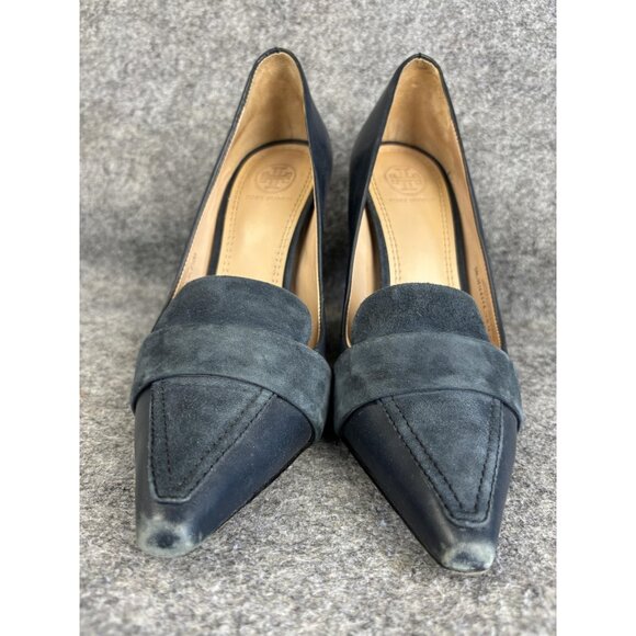 Tory Burch Shoes Womens Size 7.5 Navy Block Heel Loafer Pumps Pointed Toe Suede - Picture 2 of 9